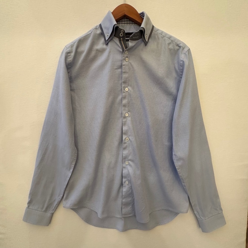 Zara Man Black Tag Slim Fit Shirt Mens Medium Blue Micro Check Double Collar